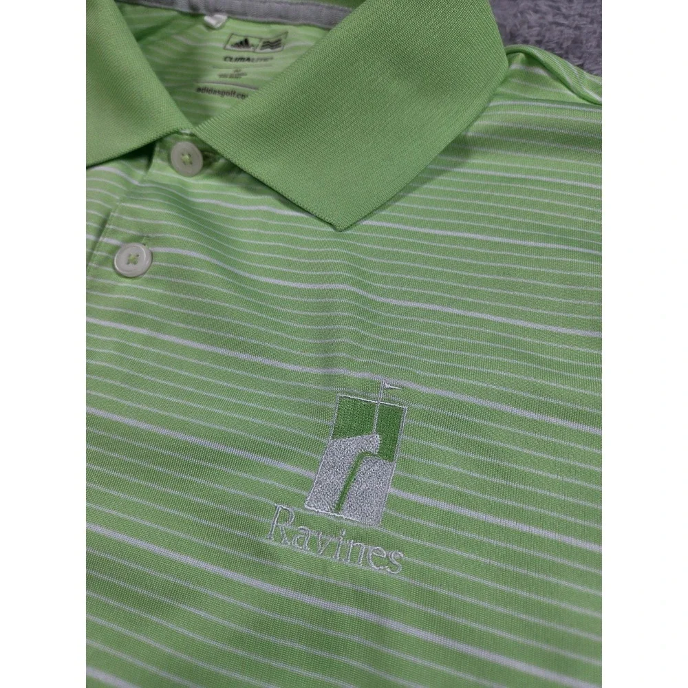 Adidas Golf Polo Shirt M Green Men Striped Climalite Ravines Logo Short Sleeve